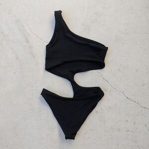 Louisa Ballou black asymmetric one shoulder 'Curve' one piece swimsuit